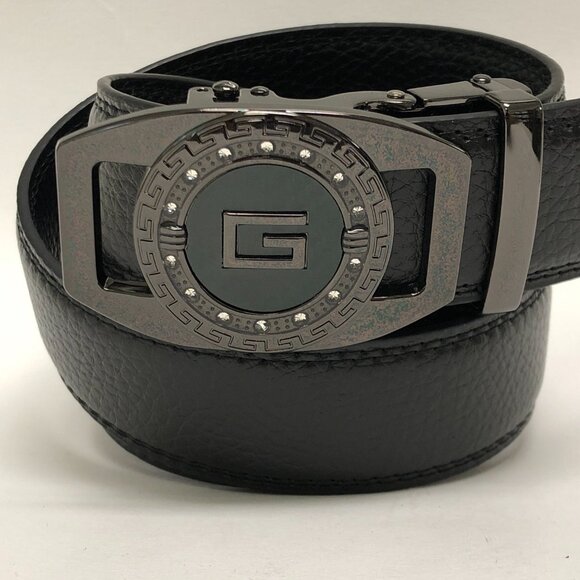 Black Leather Ratchet Belt Automatic Buckle Fits 28in-50in Blue Adjustable 2025‎ - Picture 2 of 4